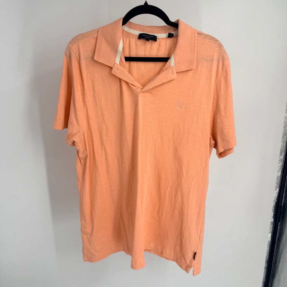 Ted Baker London Delvin Peach Orange Slub Cotton‎ V-Neck Polo Shirt Mens Size 5
